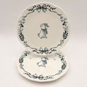 Dwell Essentials Blue White Bunny Rabbit Scalloped Salad Plates Set of 2 Easter